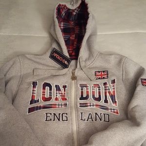 Grey Hoodie London England Zip Front